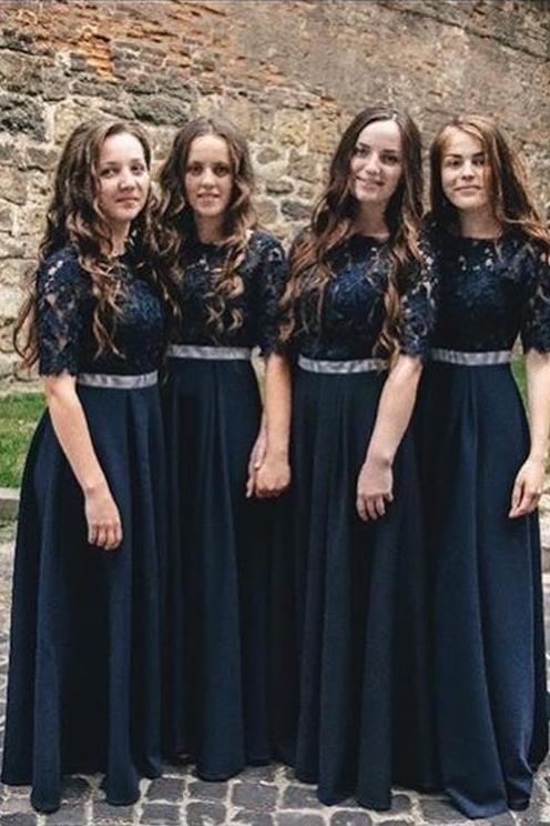 half sleeves black bridesmaid dresses lace bodice waist beaded