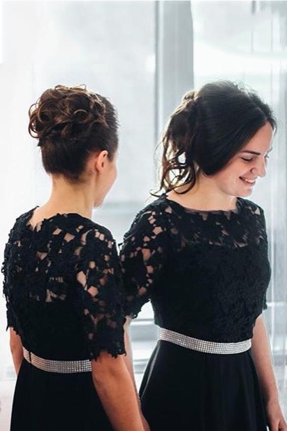 half sleeves black bridesmaid dresses lace bodice waist beaded