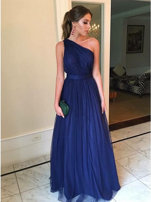 royal blue long prom dress one shoulder a line bridesmaid dresses