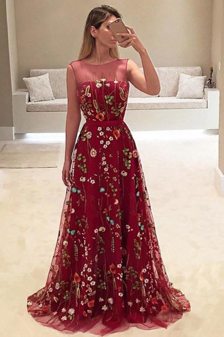 dark red a line bateau tulle long prom dress with floral embroidery