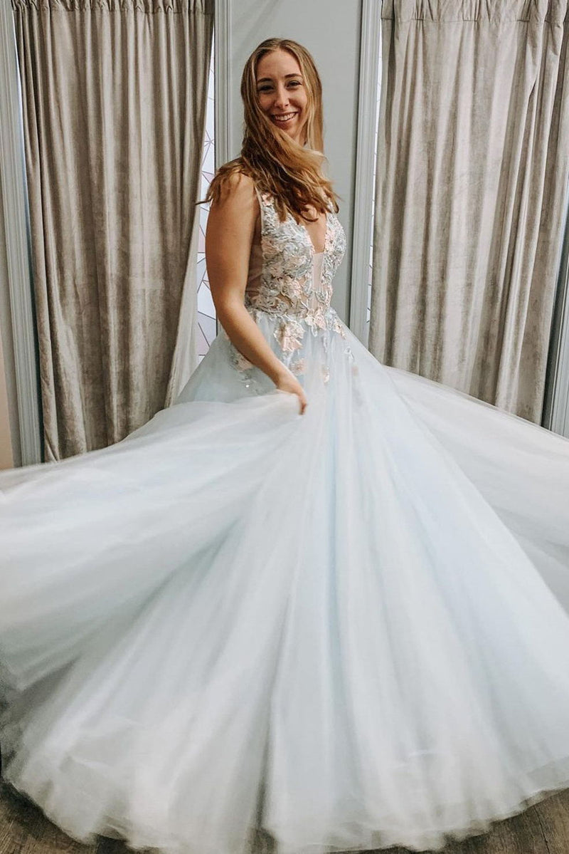 floral appliques long prom dresses v neck graduation gown