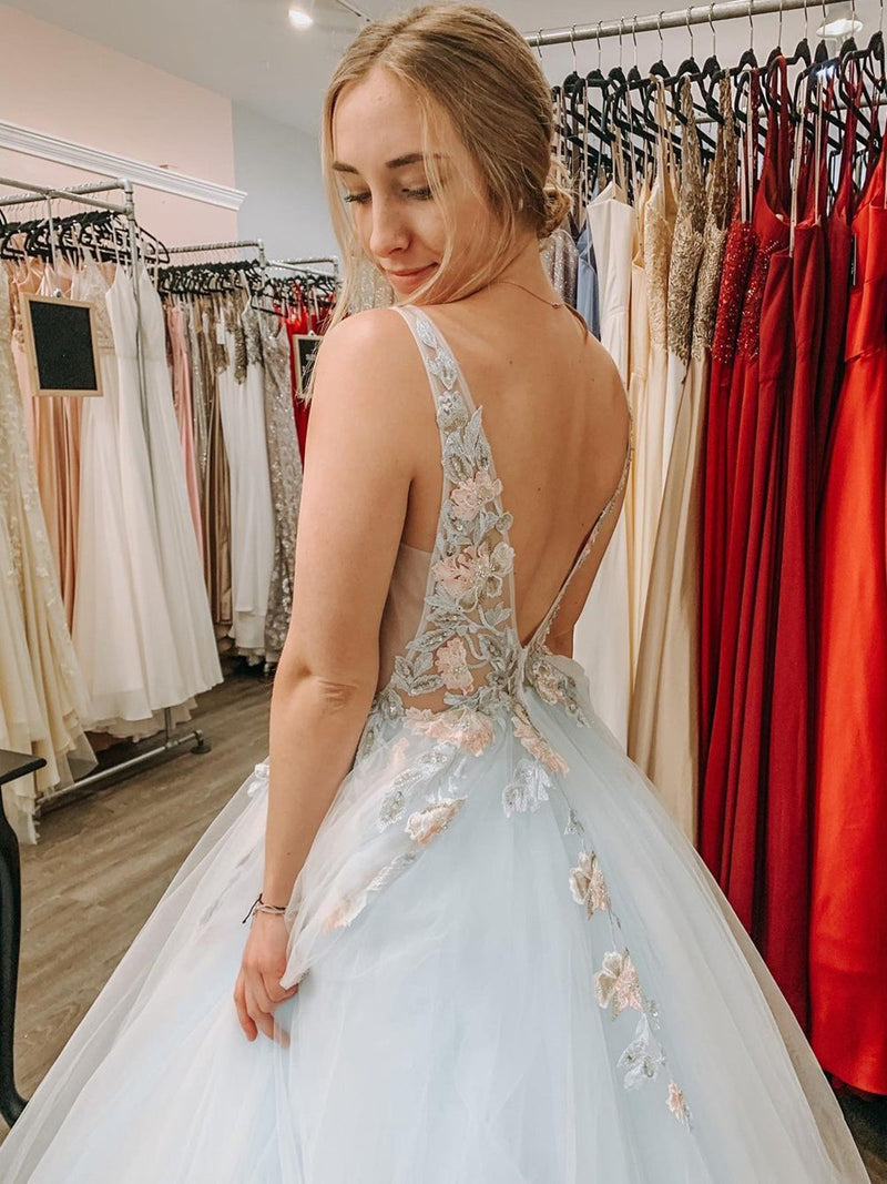 floral appliques long prom dresses v neck graduation gown