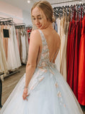 floral appliques long prom dresses v neck graduation gown