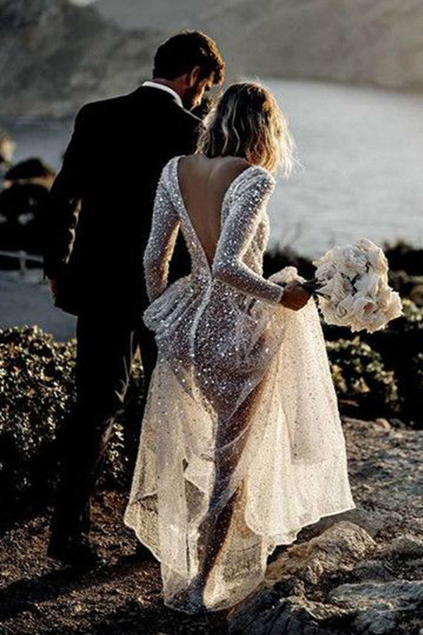 see through long sleeves deep v neck a line sparkly wedding dresses