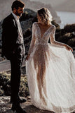 see through long sleeves deep v neck a line sparkly wedding dresses