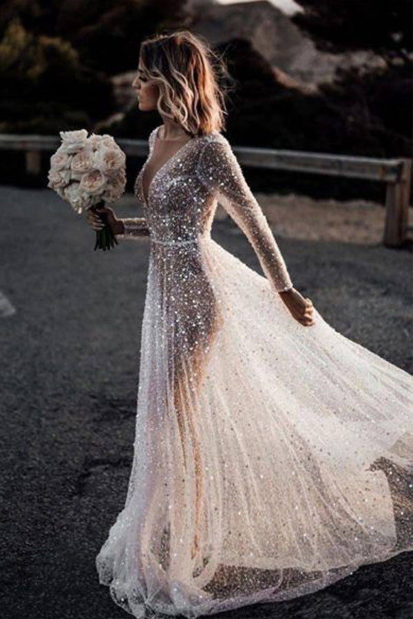 see through long sleeves deep v neck a line sparkly wedding dresses