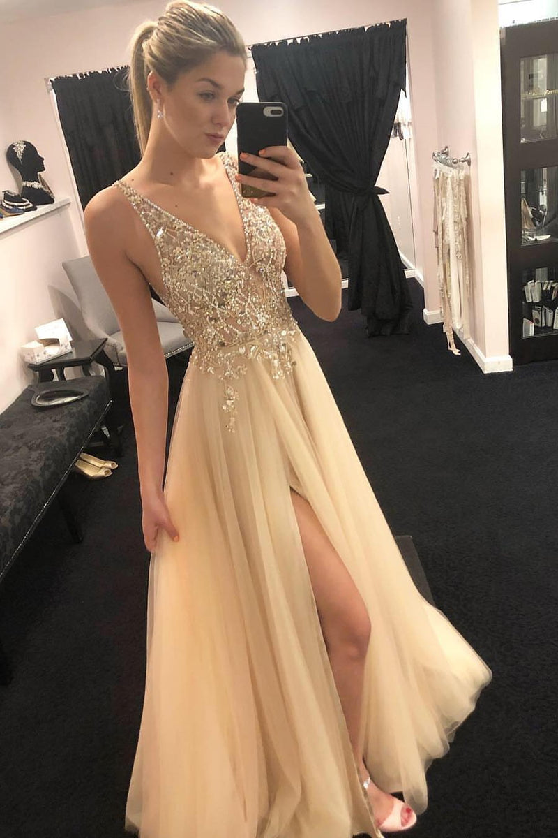 deep v neck beading tulle sleeveless long prom dress with split
