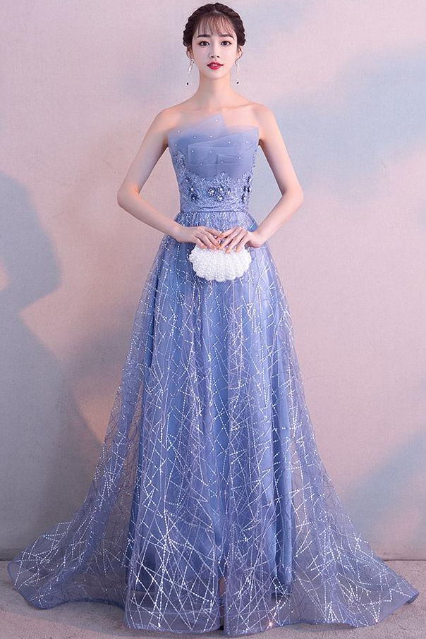 dusty blue tulle a line long prom dress with beading strapless evening gown