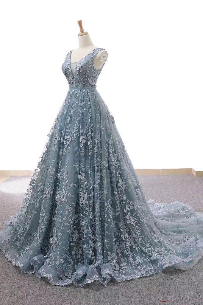 dusty blue tulle long prom dress with appliques formal gown