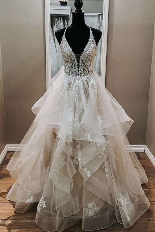 elegant a line v neck backless appliques tulle lace wedding dresses