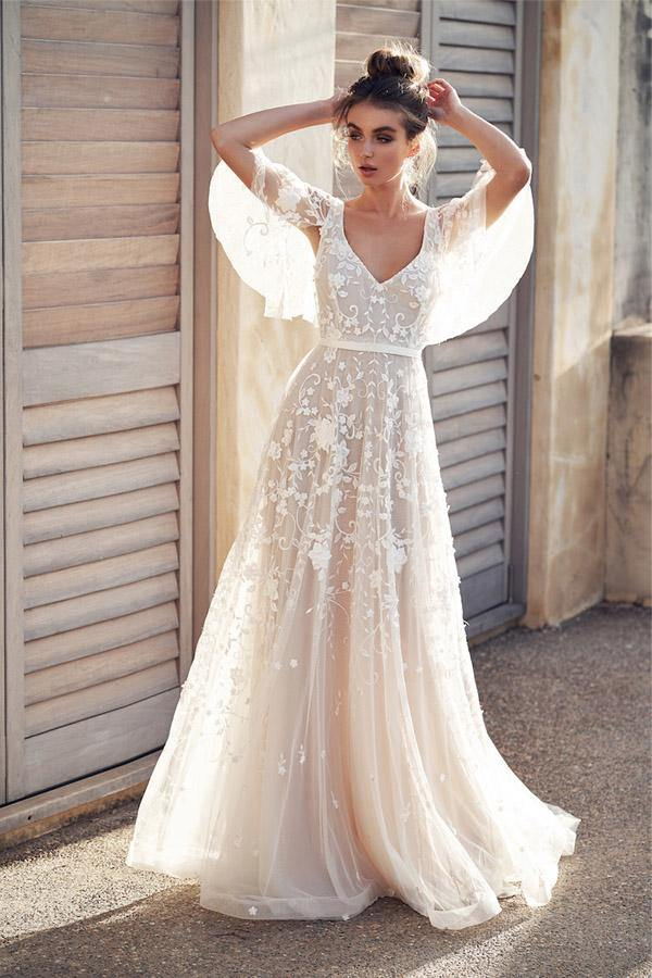 elegant a line v neck puff sleeves beach tulle wedding dresses with lace appliques
