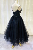 elegant black tulle tea length prom dress spaghetti straps party dress