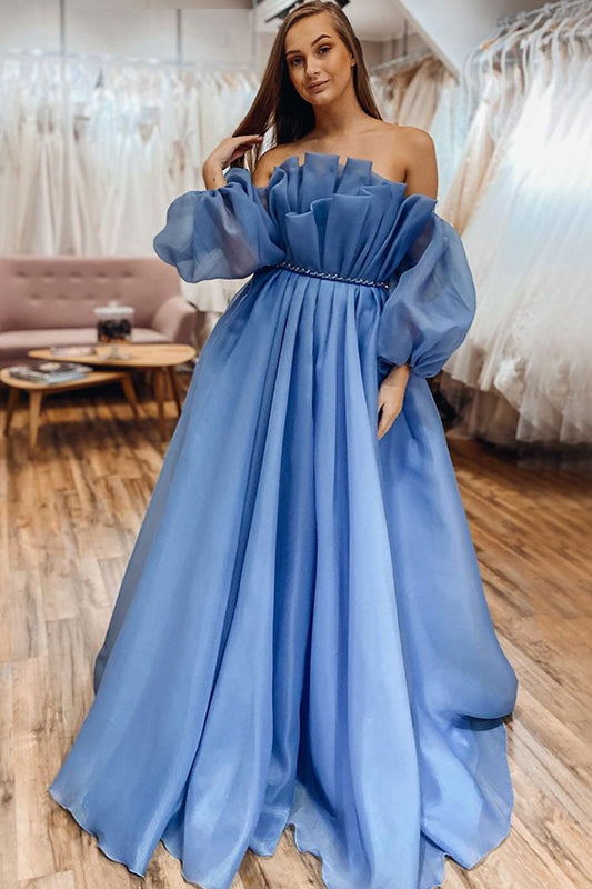 elegant blue off shoulder bubble sleeves a line ruffle long prom dress
