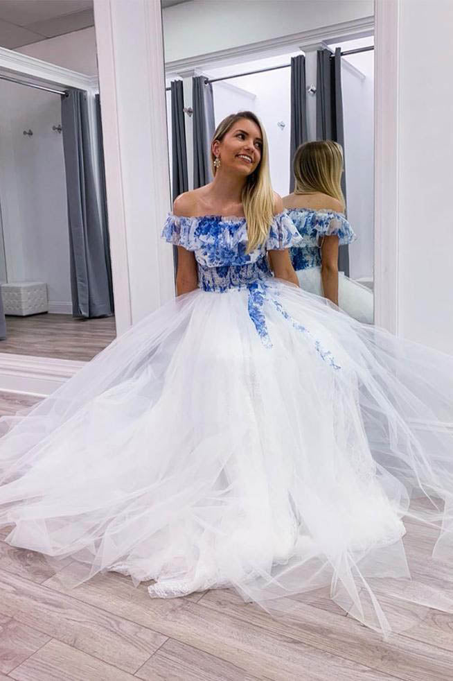 elegant blue white tulle long prom dress off the shoulder evening gown