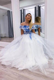 elegant blue white tulle long prom dress off the shoulder evening gown
