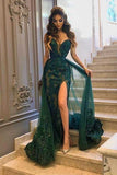 elegant green sleeveless sweetheart long prom dress with split
