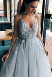 elegant dusty blue floral long prom dress a line v neck formal dresses