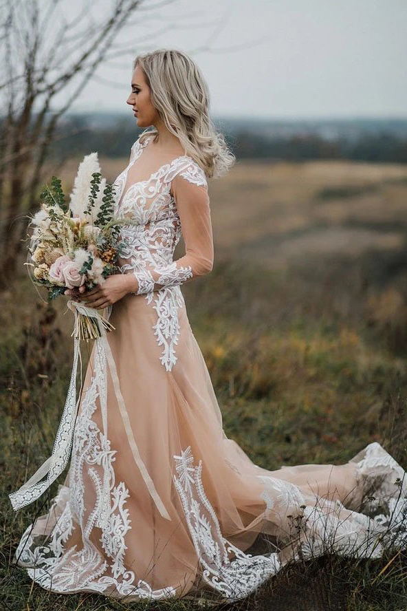 elegant long sleeves boho sheath wedding dress with appliques