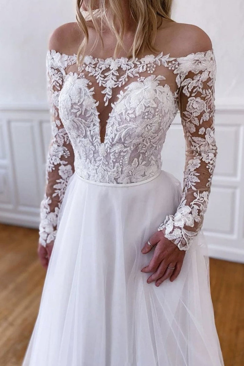 elegant lace long sleeves white tulle boho beach wedding dress
