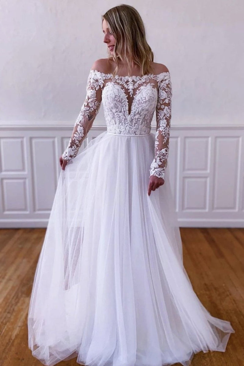 elegant lace long sleeves white tulle boho beach wedding dress