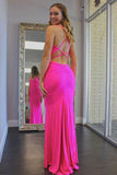 elegant spaghetti straps mermaid prom dresses hot pink long evening gown