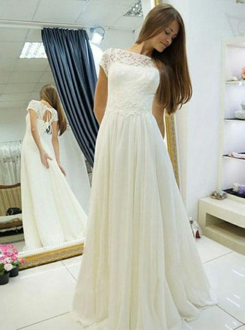 elegant a line bateau cap sleeves lace chiffon wedding dress