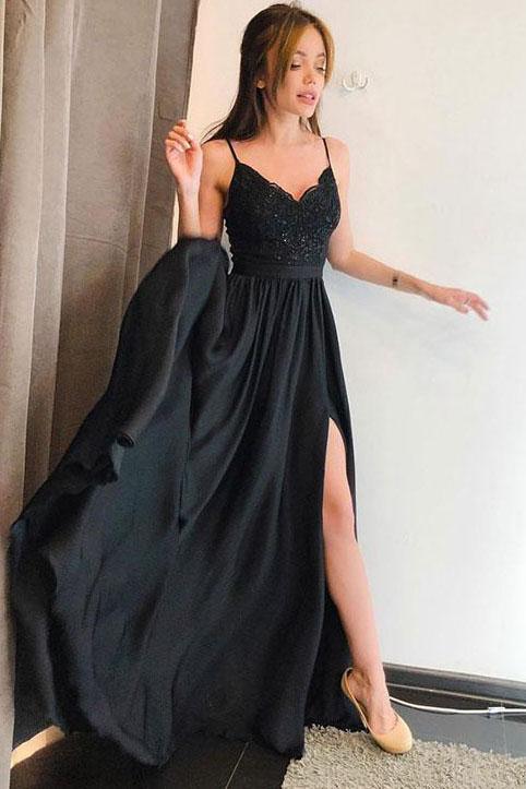 elegant a line long black prom dress spaghetti straps evening gown with split