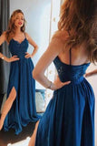 elegant a line spaghetti straps satin long royal blue prom dress with split