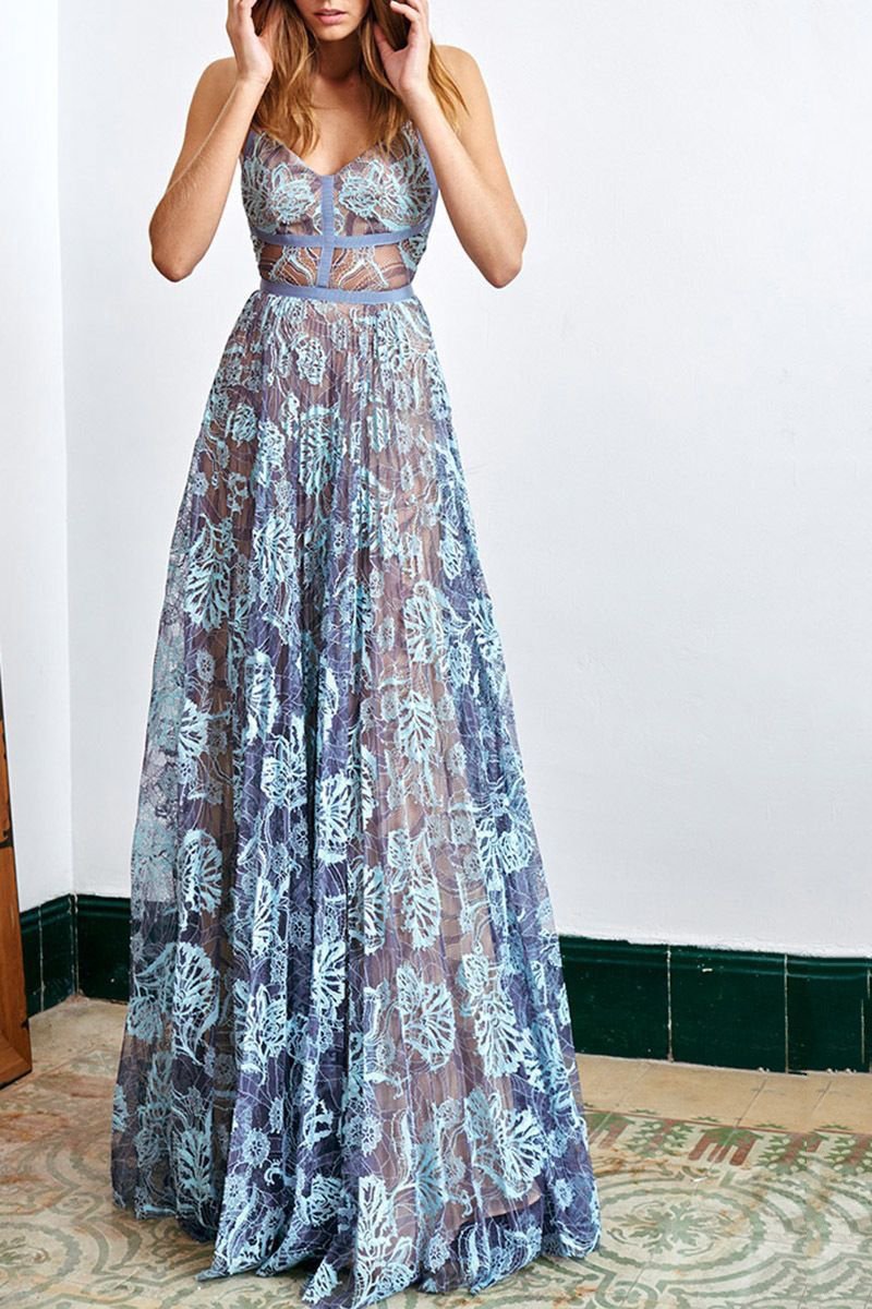 elegant blue lace prom dresses spaghetti straps backless party dress