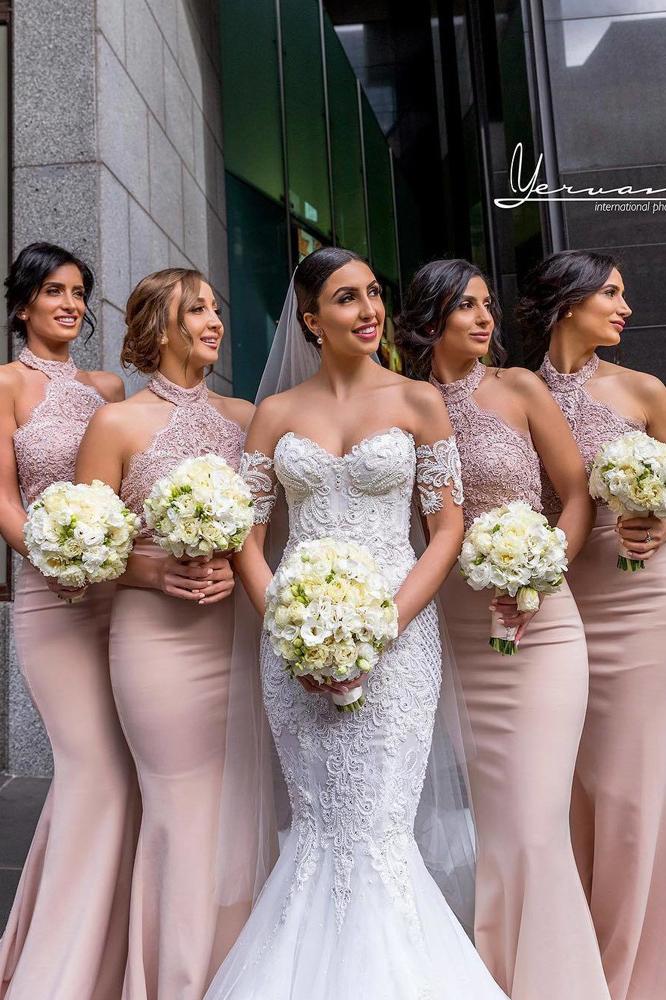 elegant blush high neck lace satin mermaid bridesmaid dresses