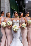 elegant blush high neck lace satin mermaid bridesmaid dresses