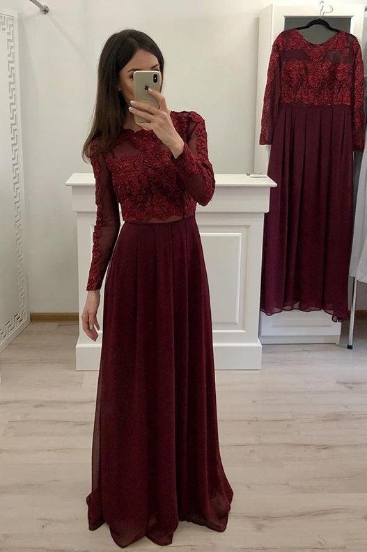 elegant burgundy long sleeves chiffon long prom dresses