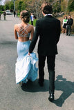 elegant light blue mermaid backless prom dress with beading