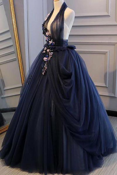 elegant navy blue long prom dress halter floral appliques backless ball gown