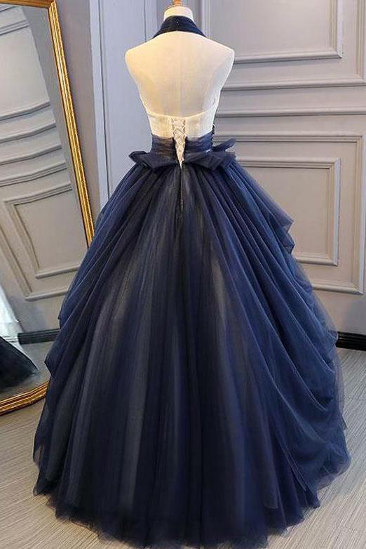 elegant navy blue long prom dress halter floral appliques backless ball gown