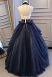elegant navy blue long prom dress halter floral appliques backless ball gown
