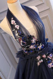 elegant navy blue long prom dress halter floral appliques backless ball gown
