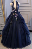 Elegant Navy Blue Long Prom Dress Halter Floral Appliques Backless Ball Gown MP718