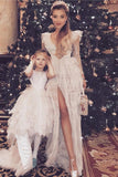 vintage princess lace long sleeves layered prom dress slit party dress
