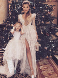 Vintage Princess Lace Long Sleeves Layered Prom Dress Slit Party Dress MP894