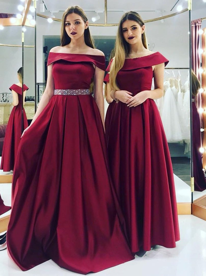elegant off the shoulder beaded waist satin burgundy bridesmaid dresses