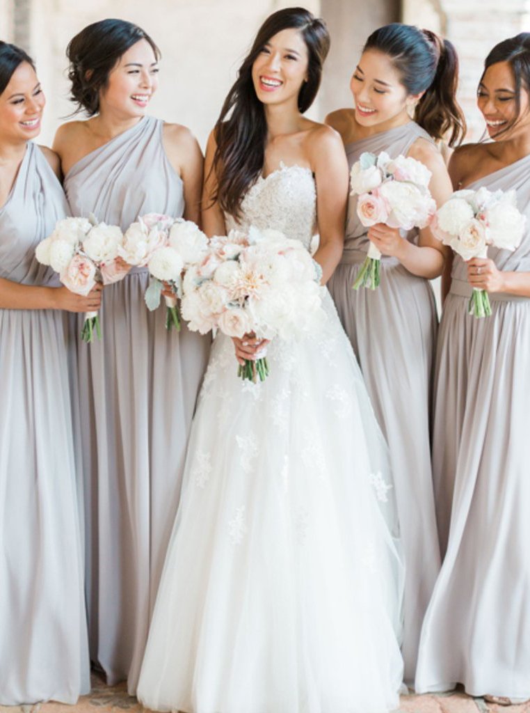 elegant pale gray one shoulder a line chiffon bridesmaid dresses