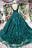 elegant scoop cap sleeves prom dress with appliques military ball gown