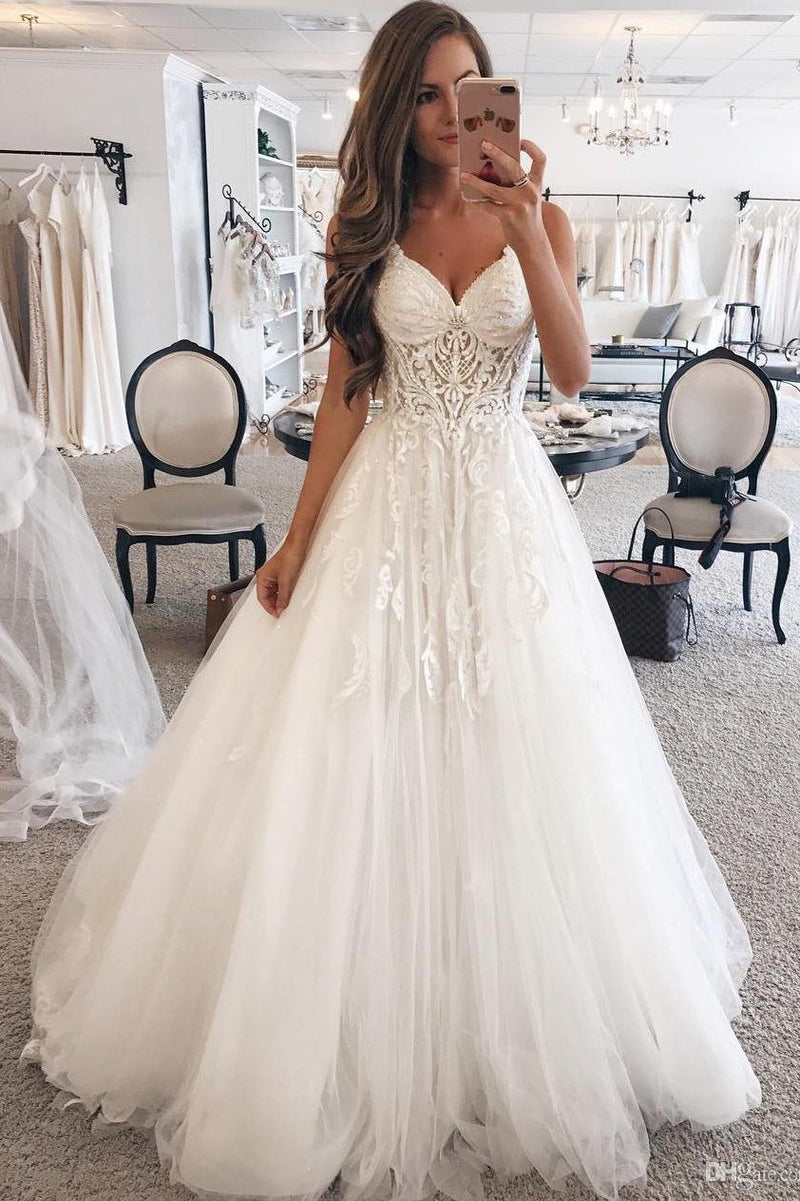elegant a line tulle wedding dress spaghetti straps with appliques