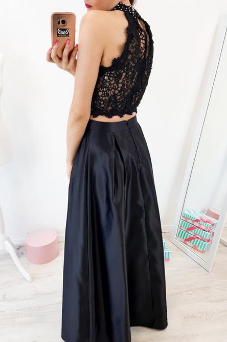 elegant two piece black lace prom dress high neck with beading