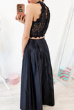 elegant two piece black lace prom dress high neck with beading