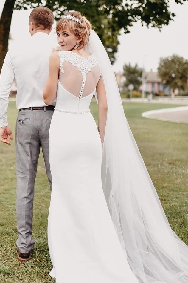 elegant white sheath wedding dress see through back waist beading