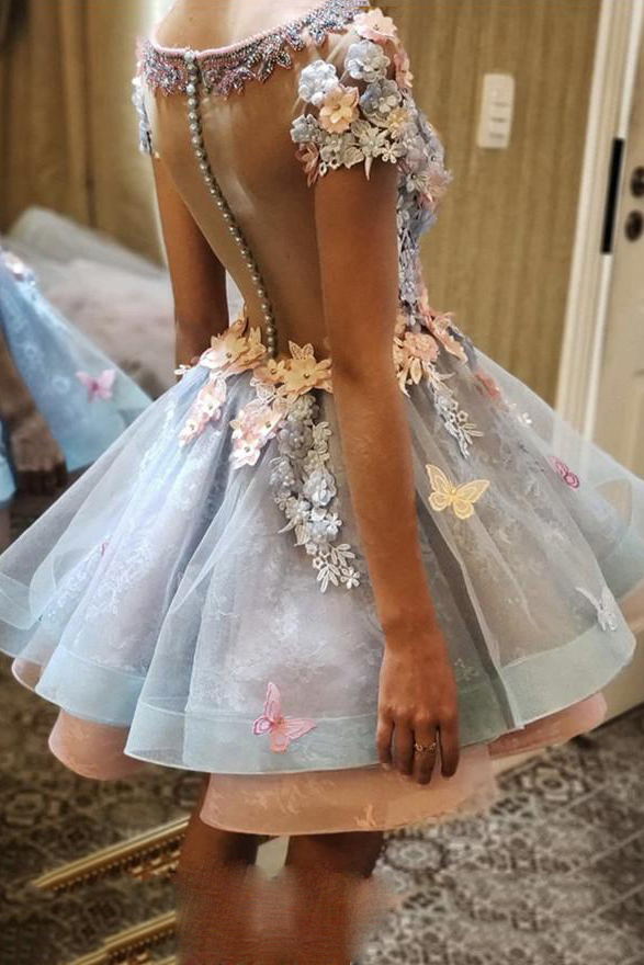 3d flowers embroidery ruffles lace short homecoming dresses
