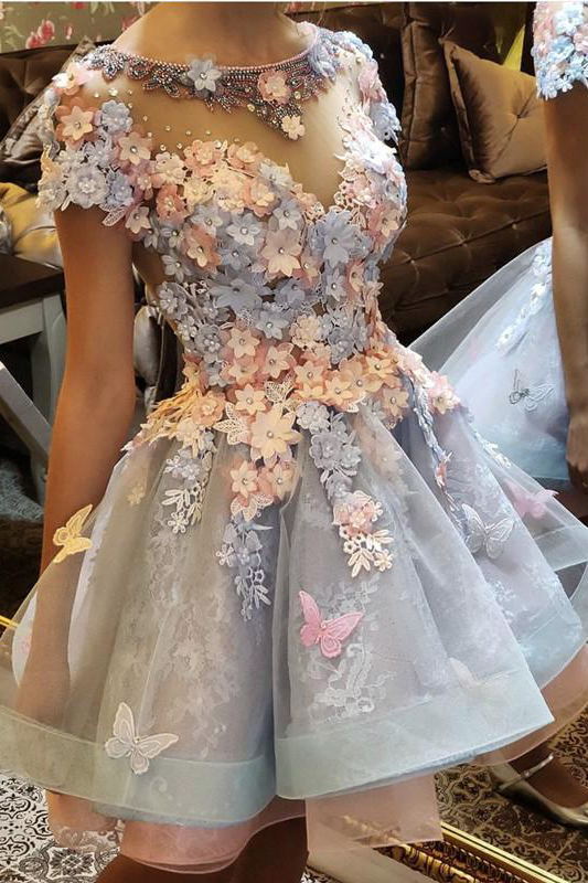 3d flowers embroidery ruffles lace short homecoming dresses