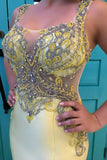 exquisite yellow mermaid beading bodice satin prom dress